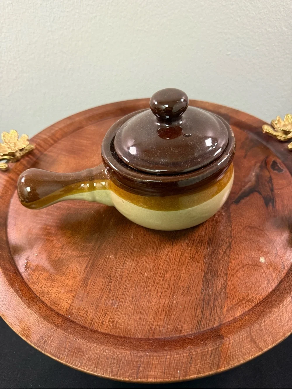 Vintage 2-Tone Glazed Stoneware Handeld Soupbowl and Lidded Crock